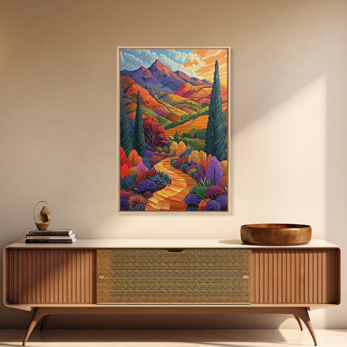 Colorful Mountain, Pathway, Autumn, Framed Canvas Print, Vibrant Fall Landscape Art, Boho Living Room Decor, Nature Wall Painting
