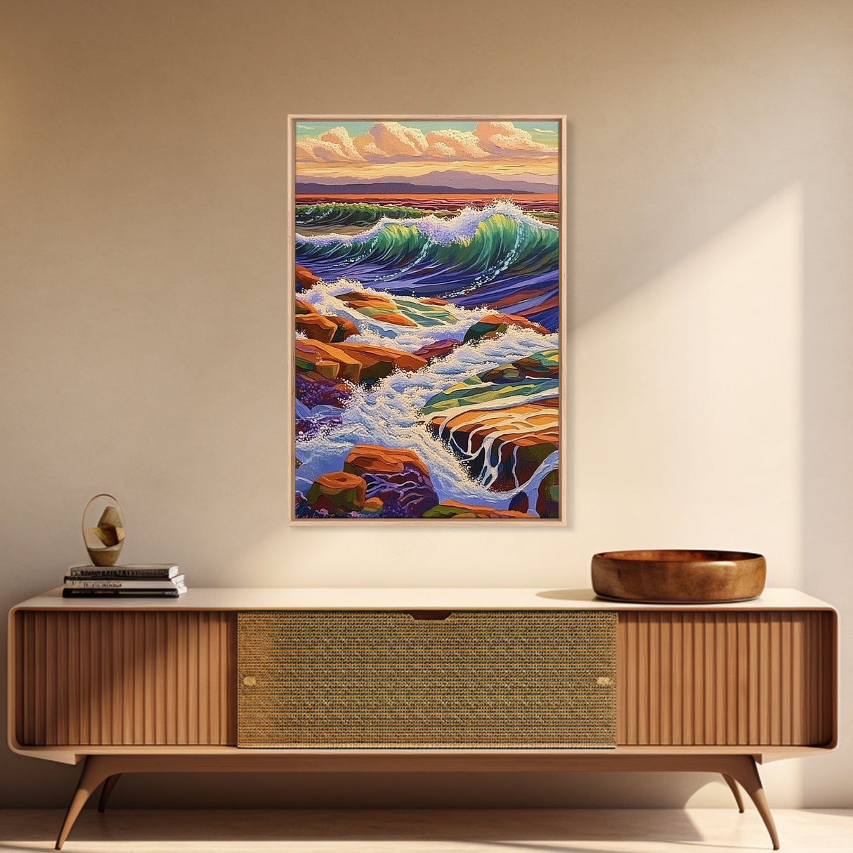 Waves Rocky, Shoreline, Sunset, Framed Canvas Print, Coastal Nature Art, Vibrant Seascape Wall Decor, Bathroom or Living Room Art