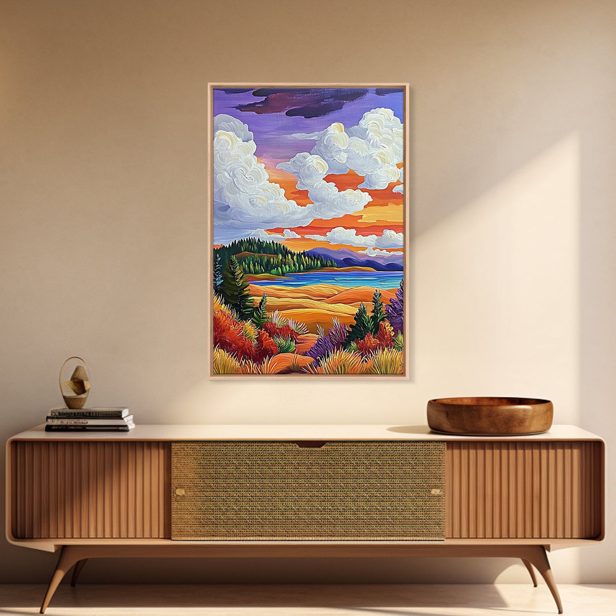 Autumn Fields Art, Colorful Fall Landscape, Cozy Sunset Decor, Nature Vibes Print, Framed Canvas Print, Bedroom Wall Art, rustic style