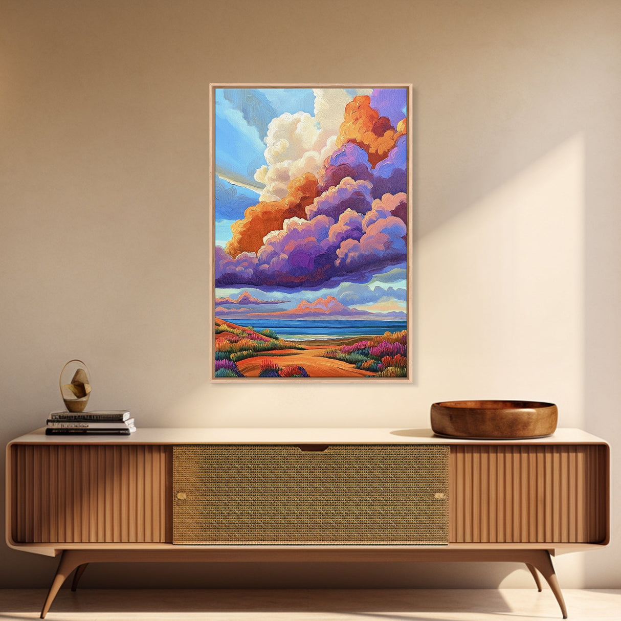 Majestic Cloudscape Art, Sunset Beach Painting, Bold Sky Print, Dreamy Nature Decor, Framed Canvas Print, Living Room Wall Art, surreal art