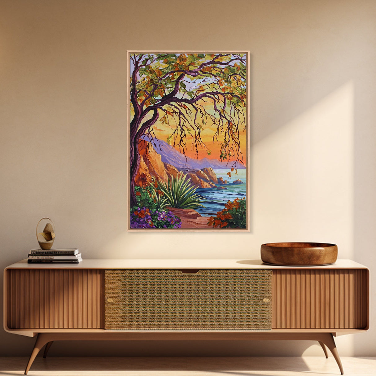 Coastal Tree View, Ocean Cliff Art, Sunset Seascape Painting, Nature Wall Decor, Framed Canvas Print, Hallway Wall Art, beach house art