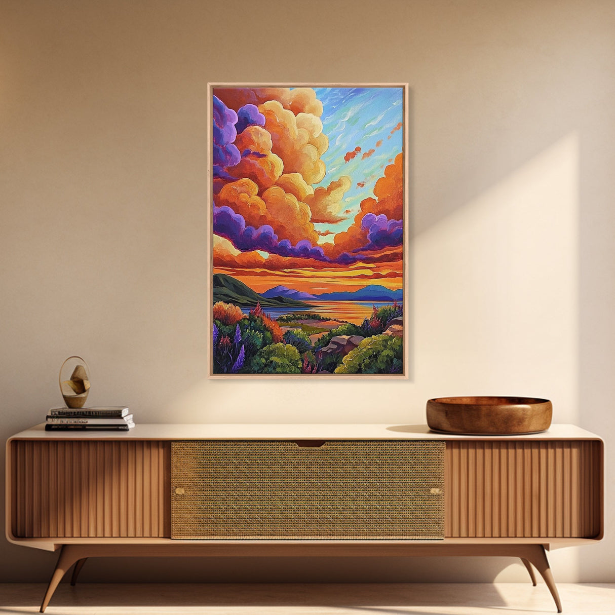 Sunset Sky, Coastal View, Vibrant Nature, Canvas Print, Landscape wall art, boho art, colorful sky painting, Living Room Wall Art