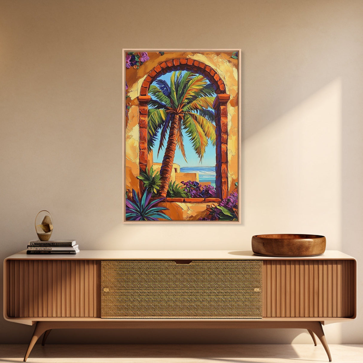Palm Tree, Tropical Window, Coastal Home, Framed Canvas Print, beach wall art, boho art, Mediterranean decor, Kitchen Wall Art