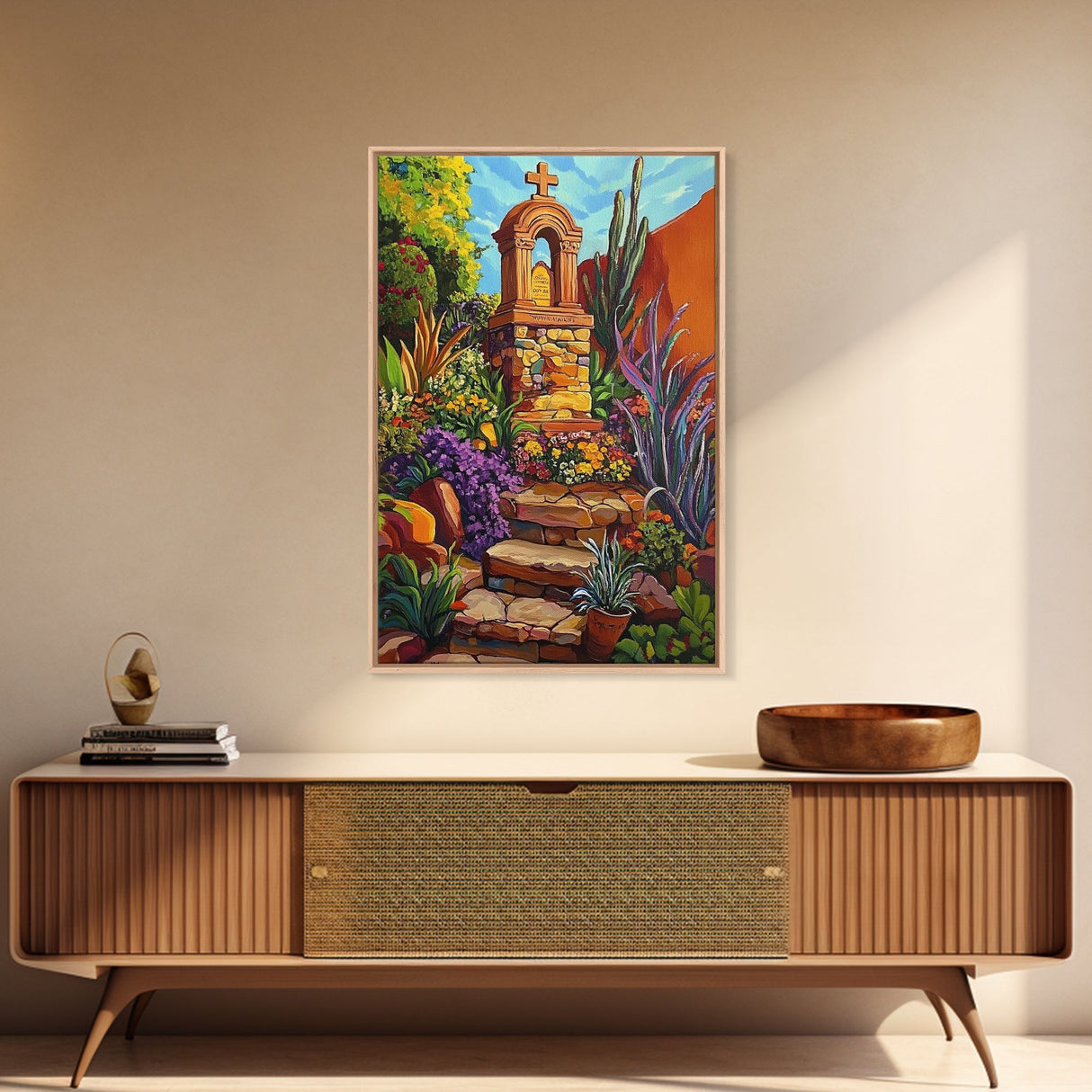 Garden Shrine, Stone Steps, Mission Style, Framed Canvas Print, colorful religious art, desert decor, boho rustic, Living Room Wall Art