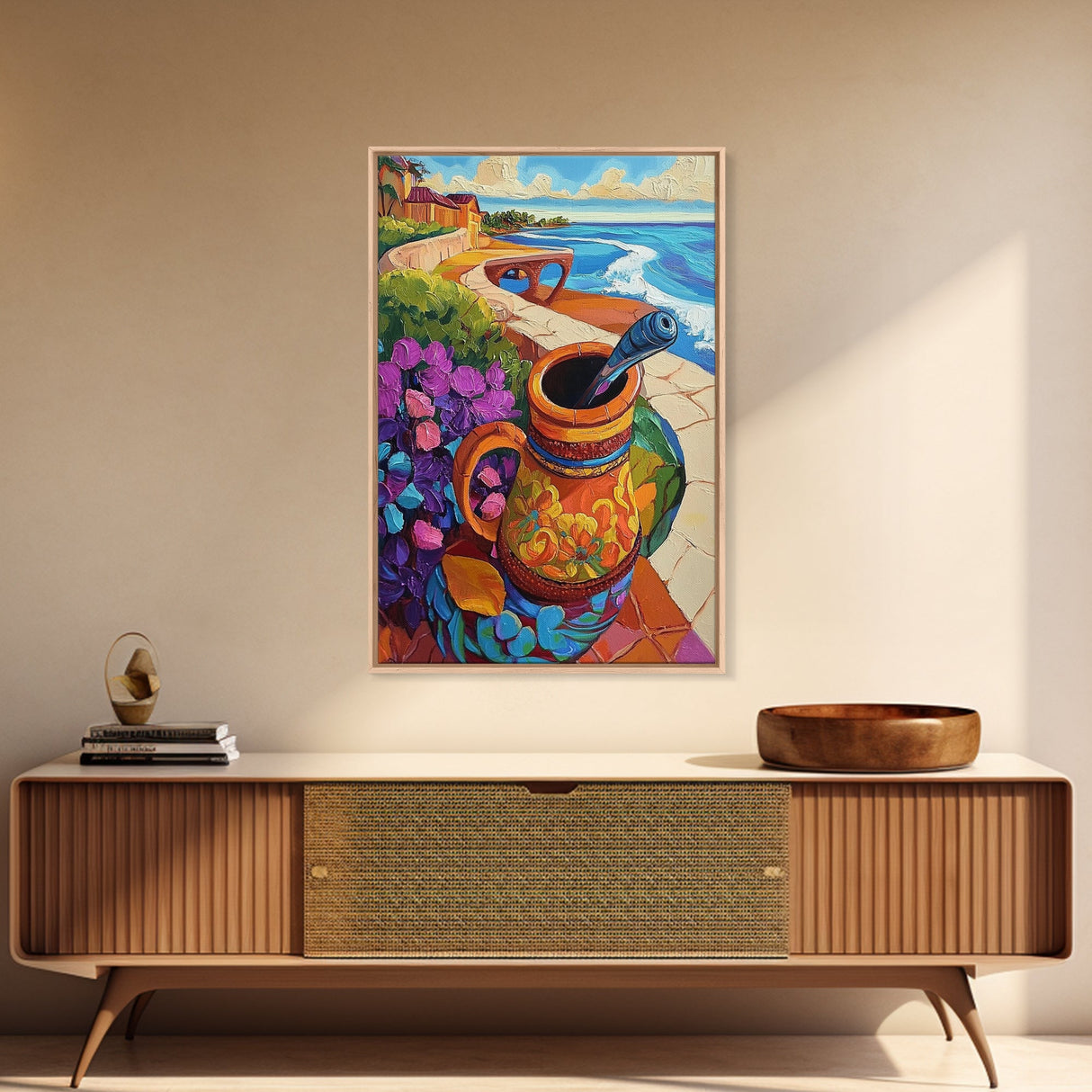 Ocean View, Rustic Charm, Colorful Pottery, Coastal Decor, Framed Canvas Print, Dining Room Wall Art, Mexican Folk Art, vibrant style