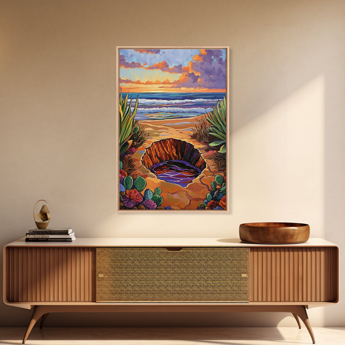 Desert Coast, Sunset Beach, Nature Hole, Surreal Art, Framed Canvas Print, Bedroom Wall Art, trippy boho decor, colorful landscape