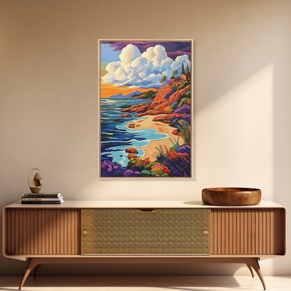 Sunset Beach, Colorful Coastline, Ocean Landscape, Canvas Print, Fall Home Decor, Living Room Wall Art, Dreamy Seaside Painting