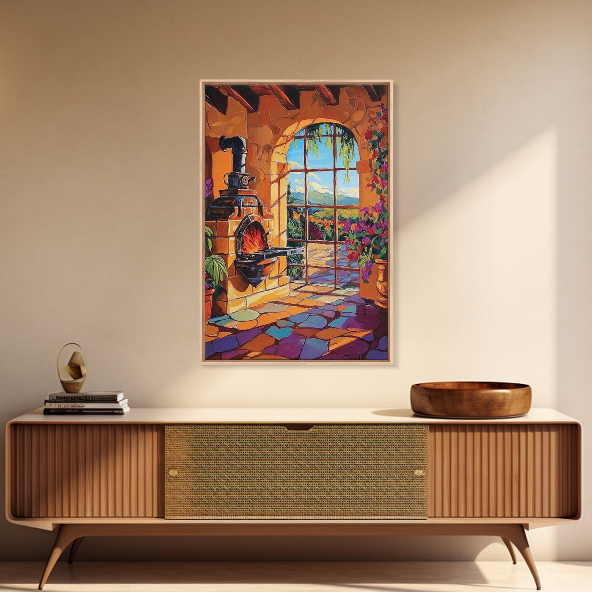 Fireplace View, Warmth, Canvas Print, Rustic Tuscany kitchen wall art, warm cozy interior, country boho style, Mediterranean home decor