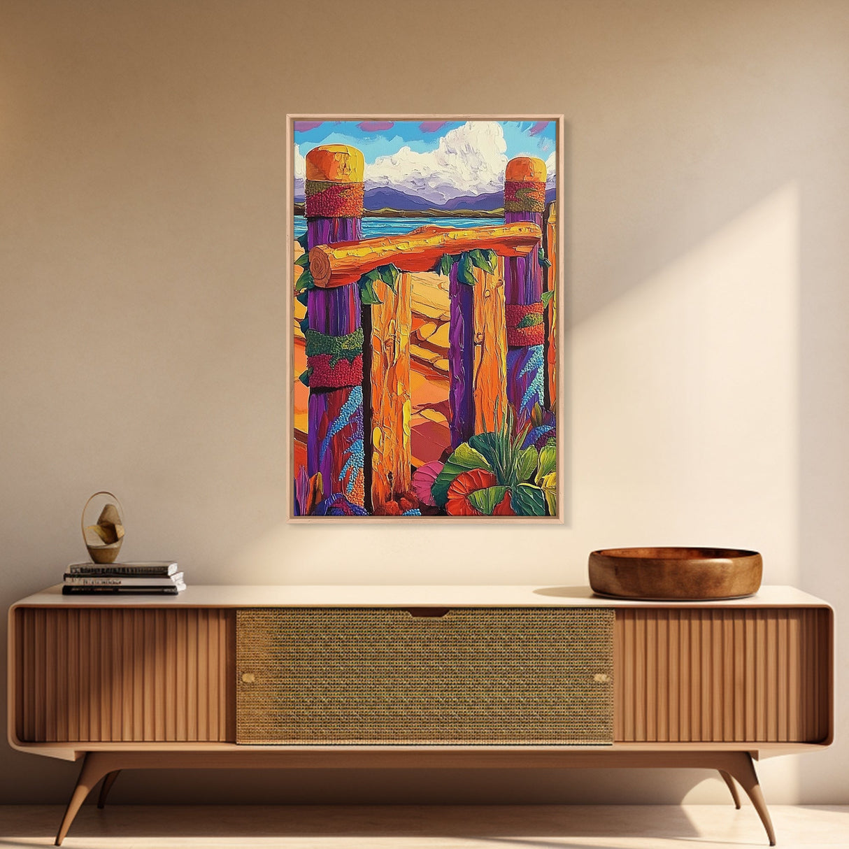 Coastal Fence, Sunset Vibes, Colorful Beach, Ocean Breeze, Framed Canvas Print, Beach House Wall Art, Vibrant Seascape, Tropical Boho Art