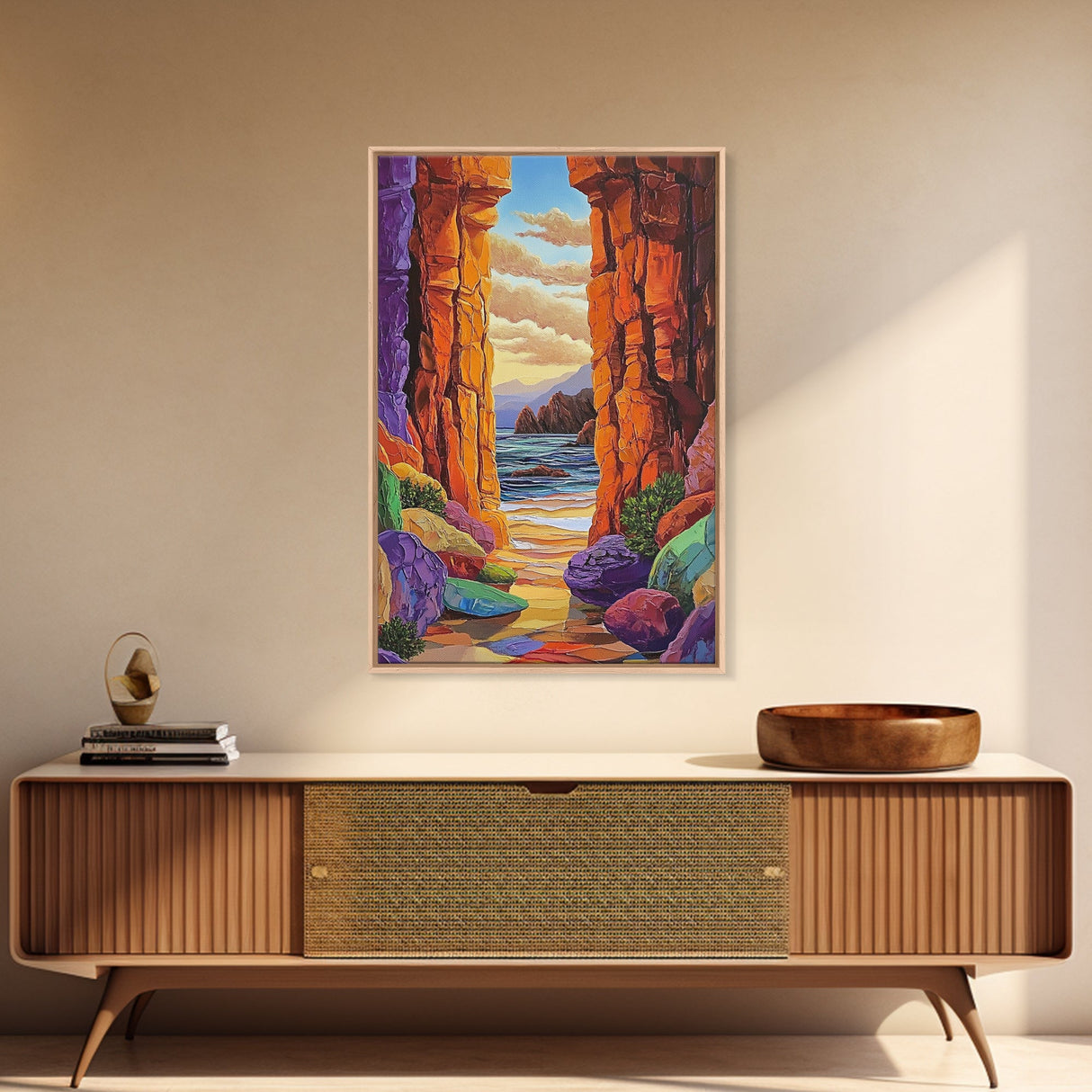 Hidden Cove, Rocky Entry, Ocean View, Sunset Moment, Framed Canvas Print, Bedroom Wall Art, Seaside Fantasy, Desert Coastal Decor