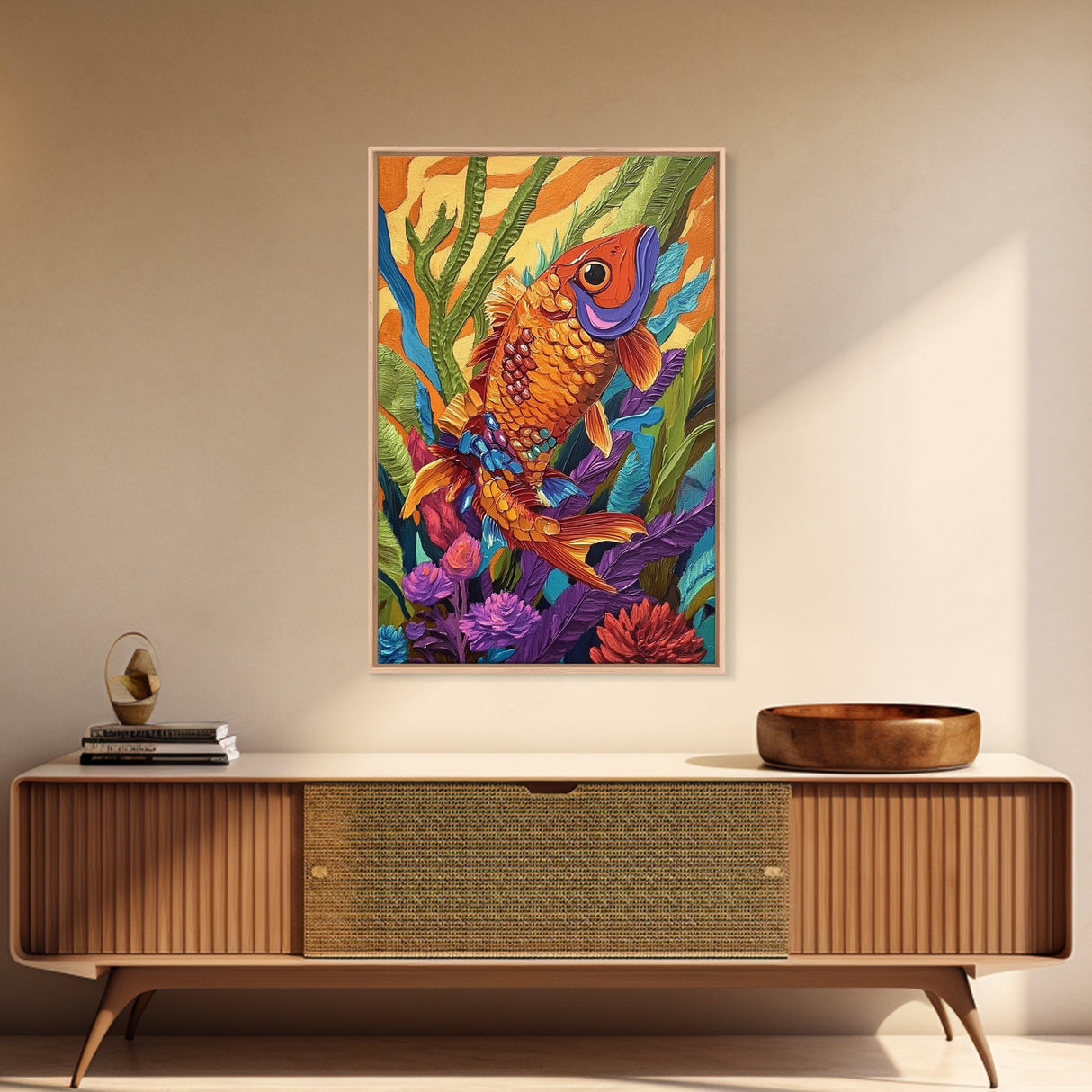 Bold Colorful Fish Art, Framed Canvas Print, Underwater wall decor, boho ocean art, tropical fish painting, bathroom wall art