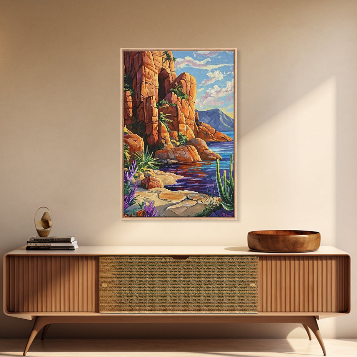 Desert Cliffside, Ocean View, Nature Painting, Colorful Landscape, Living Room Wall Art, Framed Canvas Print, Southwest Home Decor