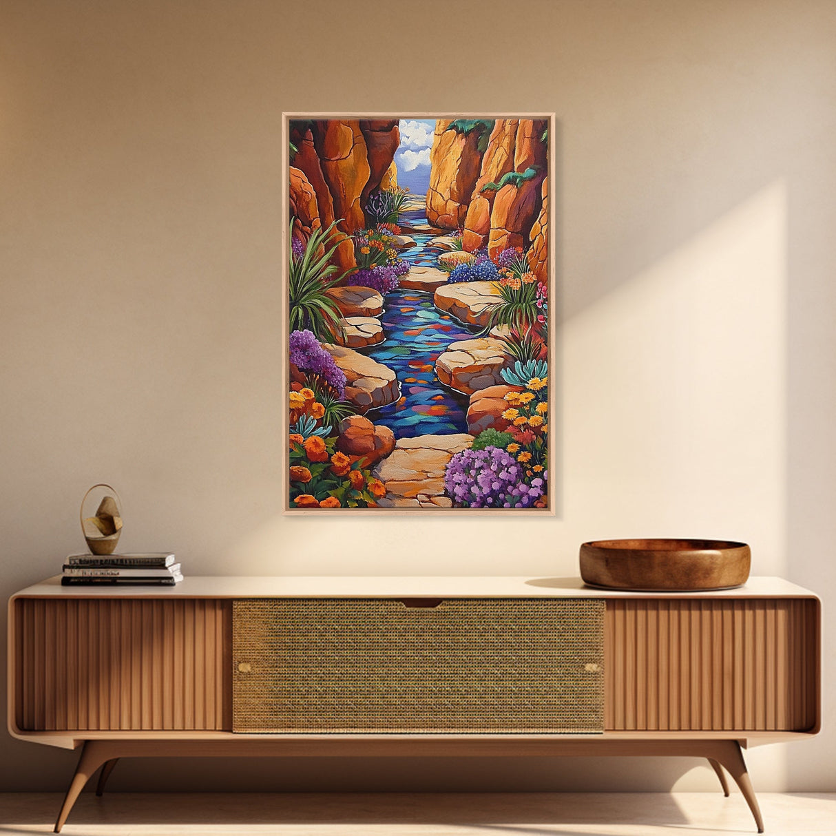 Desert Oasis, Wildflower Stream, Canyon Art, Boho Decor, Eclectic Home Style, Kitchen Wall Art, Canvas Print, Colorful Nature Painting
