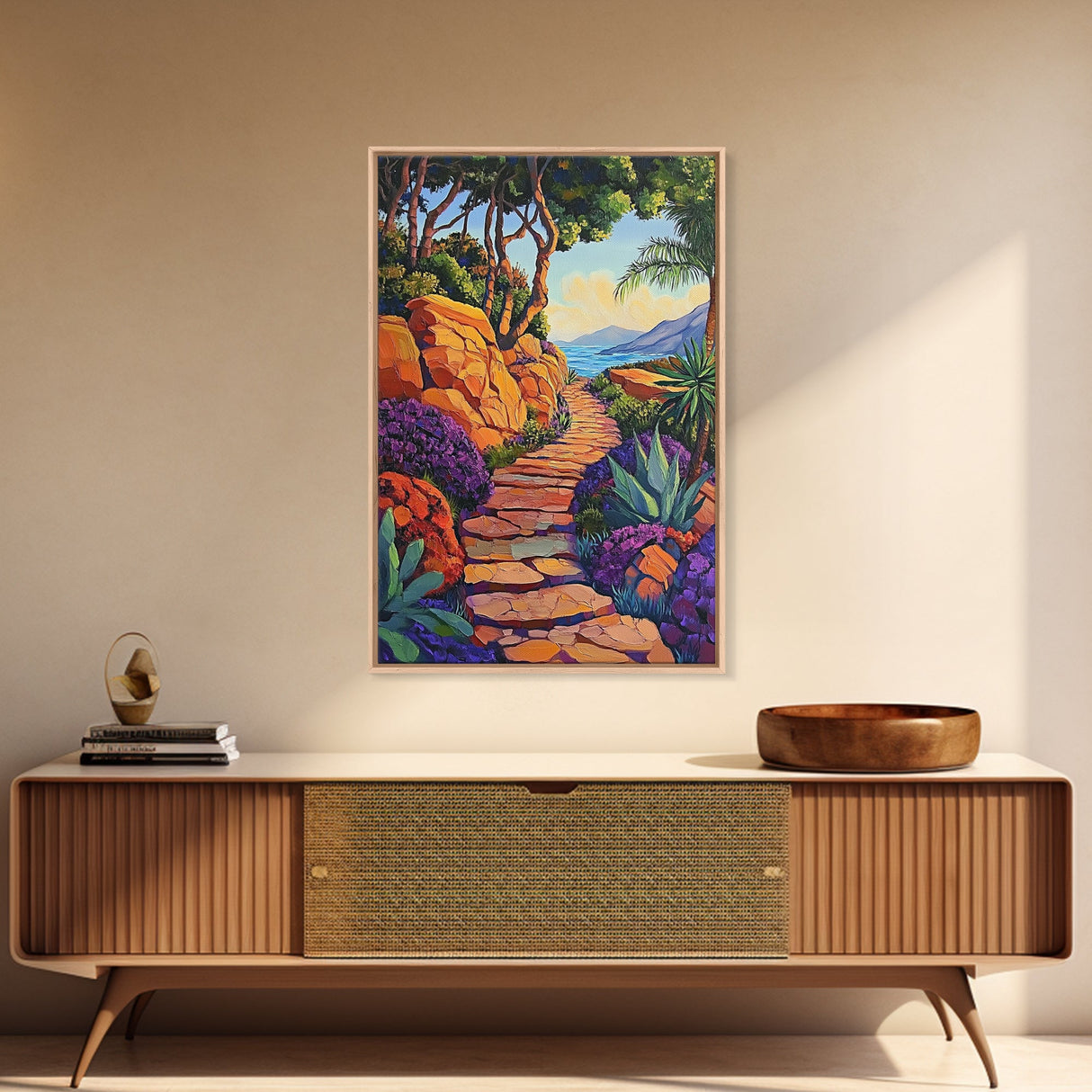 Coastal Trail, Vibrant Path, Tropical Landscape, Nature Art, Sunset Vibes, Living Room Wall Art, Canvas Print, Boho Chic Decor