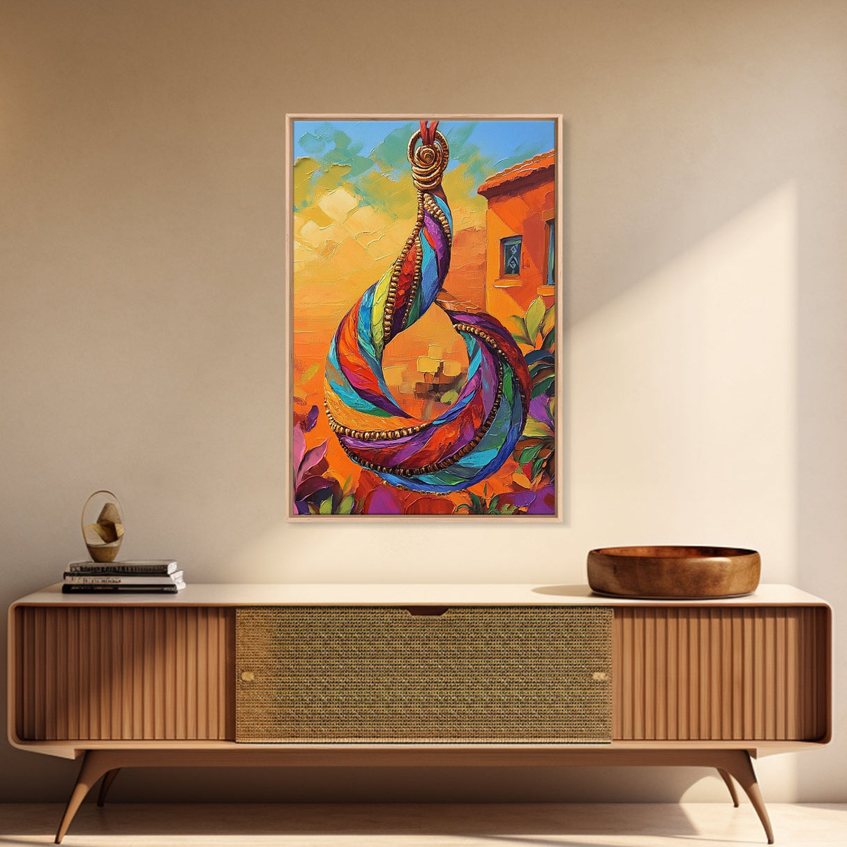 Colorful Pendant, Abstract Jewelry, Bohemian Style, Artistic Decor, Warm Sunset Tones, Bedroom Wall Art, Framed Canvas Print