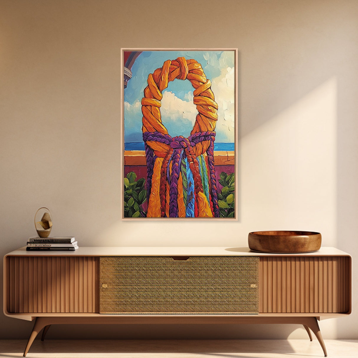Woven Wreath, Rainbow Wall Decor, Bold Colorful Texture, Rustic Charm, Fall Entryway Art, Canvas Print, Handmade Style Vibe