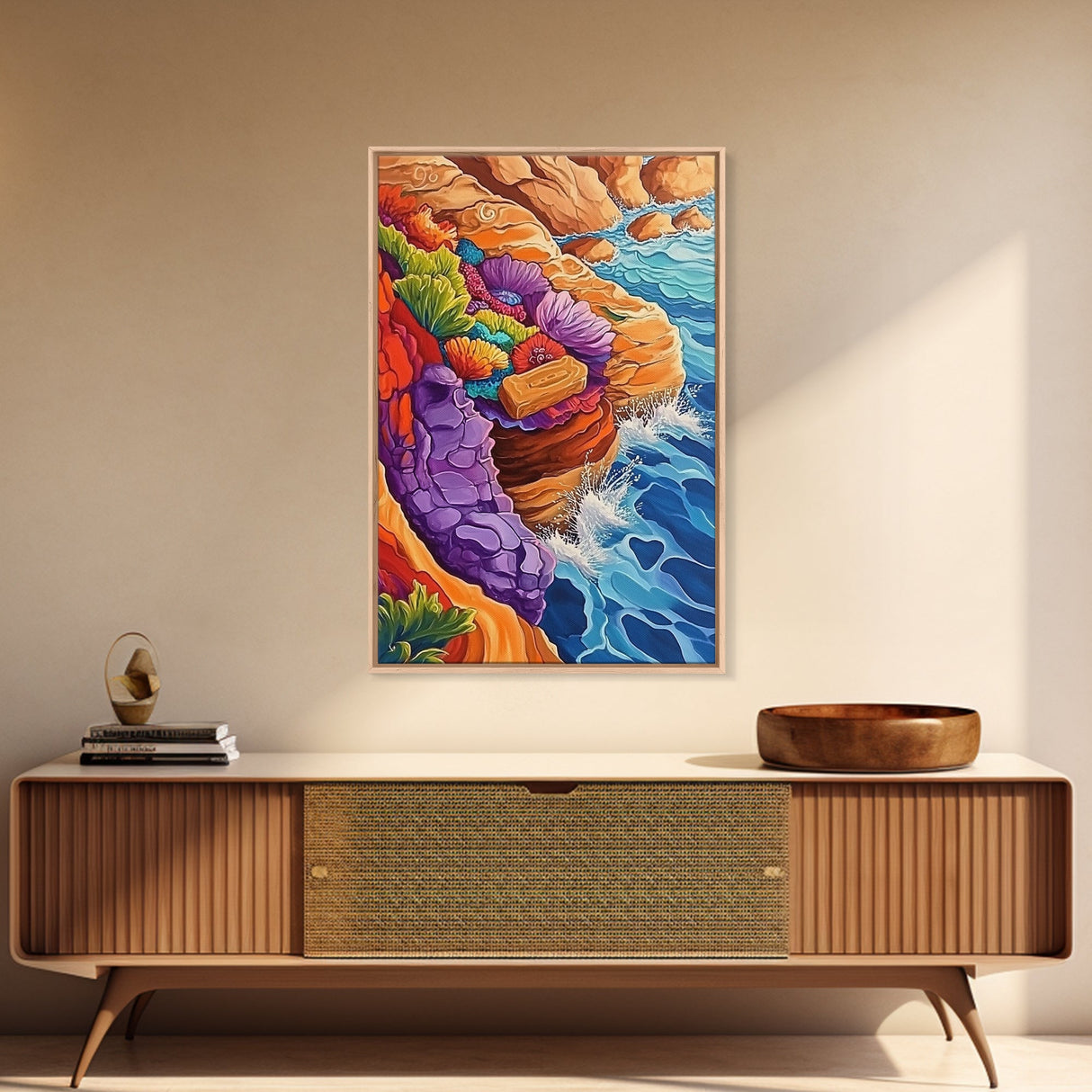 Ocean Cliffs, Colorful Reef, Coastal Abstract, Vibrant Seaside Art, Bathroom Wall Art, Nautical Decor, Canvas Print, Bold Nature Painting