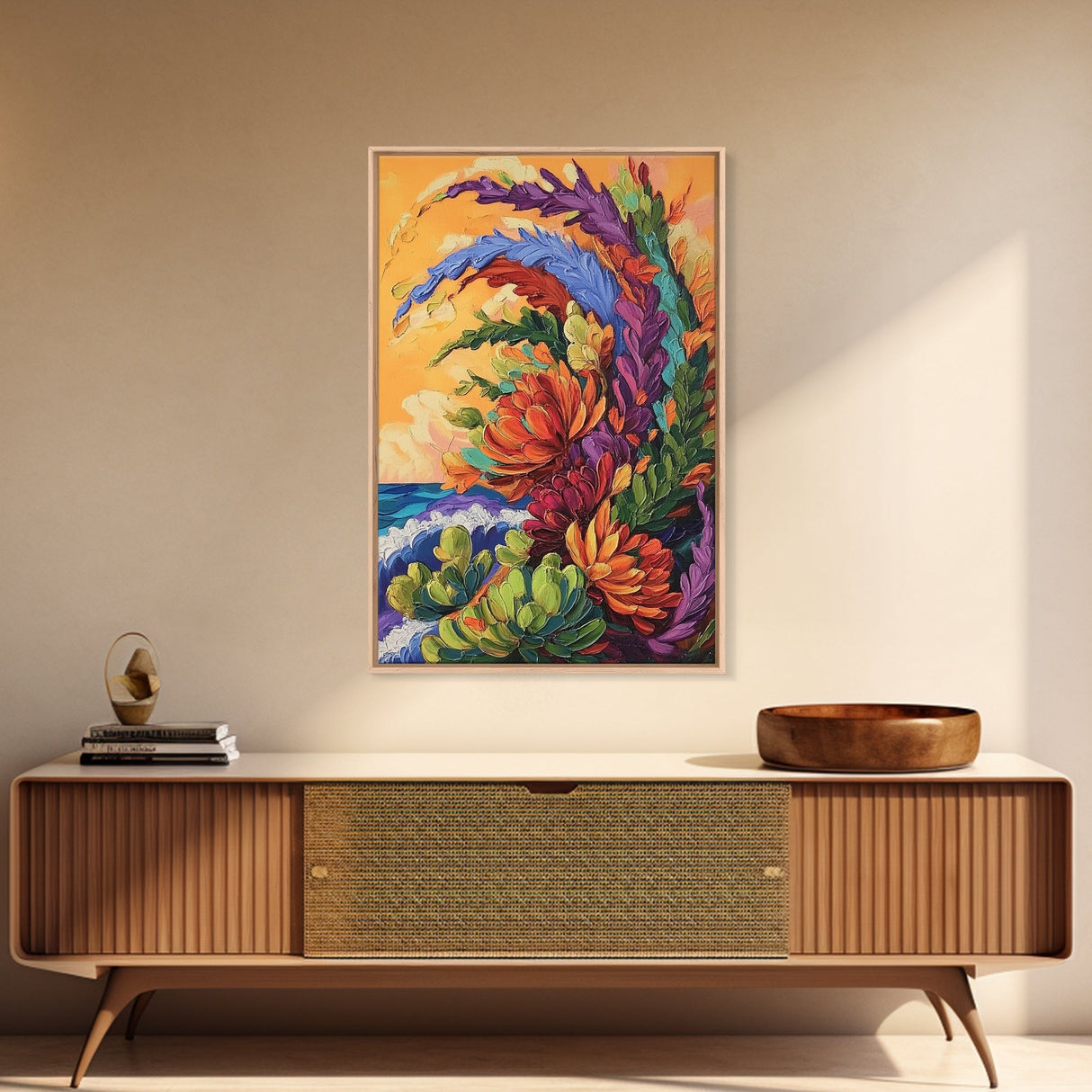 Abstract Florals, Bold Beach Scene, Coastal Flower Art, Vibrant Wall Accent, Kitchen Wall Art, Boho Style, Canvas Print, Sunset Tones