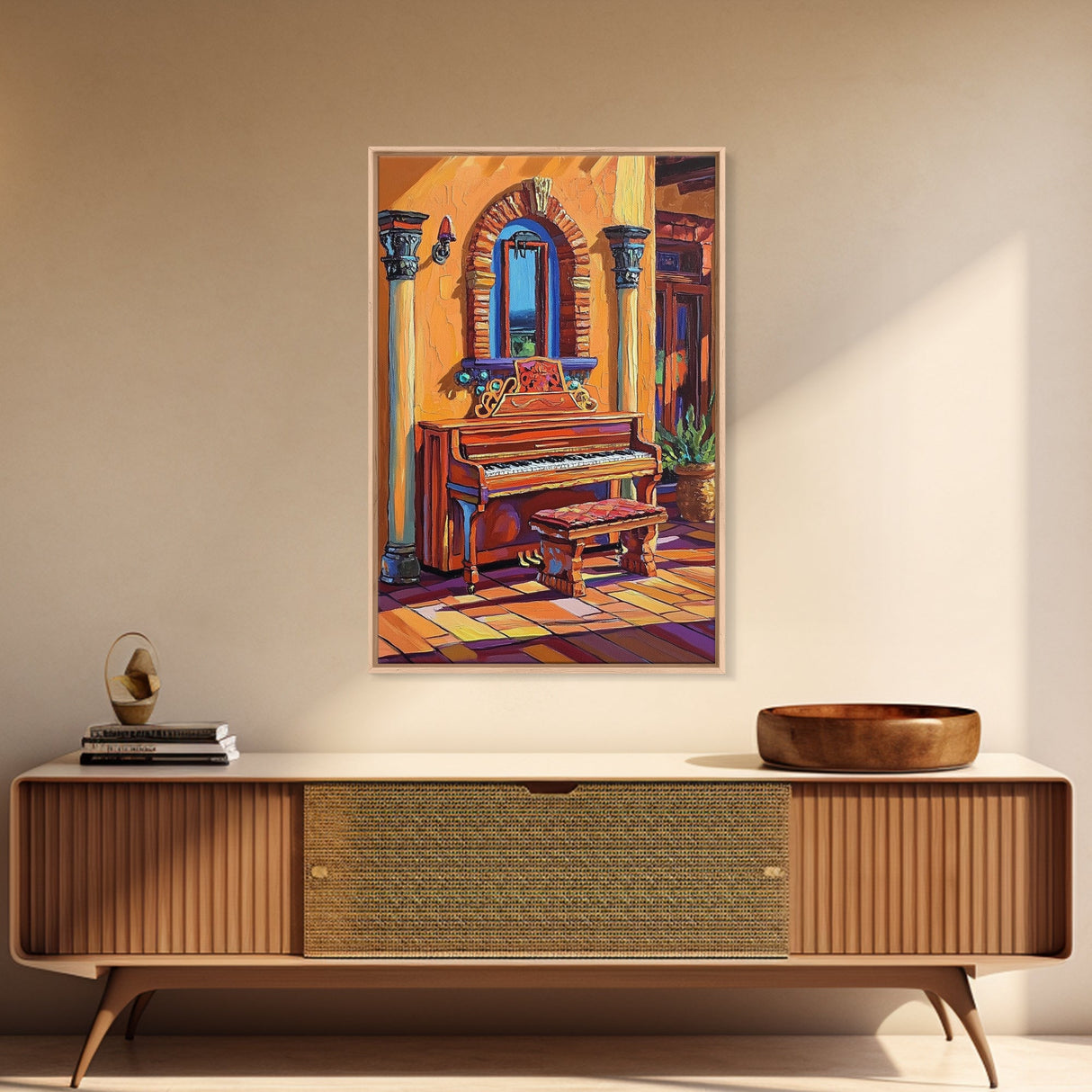 Spanish Piano, Sunlit Interior, Warm Rustic Style, Music Room Wall Art, Traditional Decor, Framed Canvas Print, Mediterranean Home Vibe