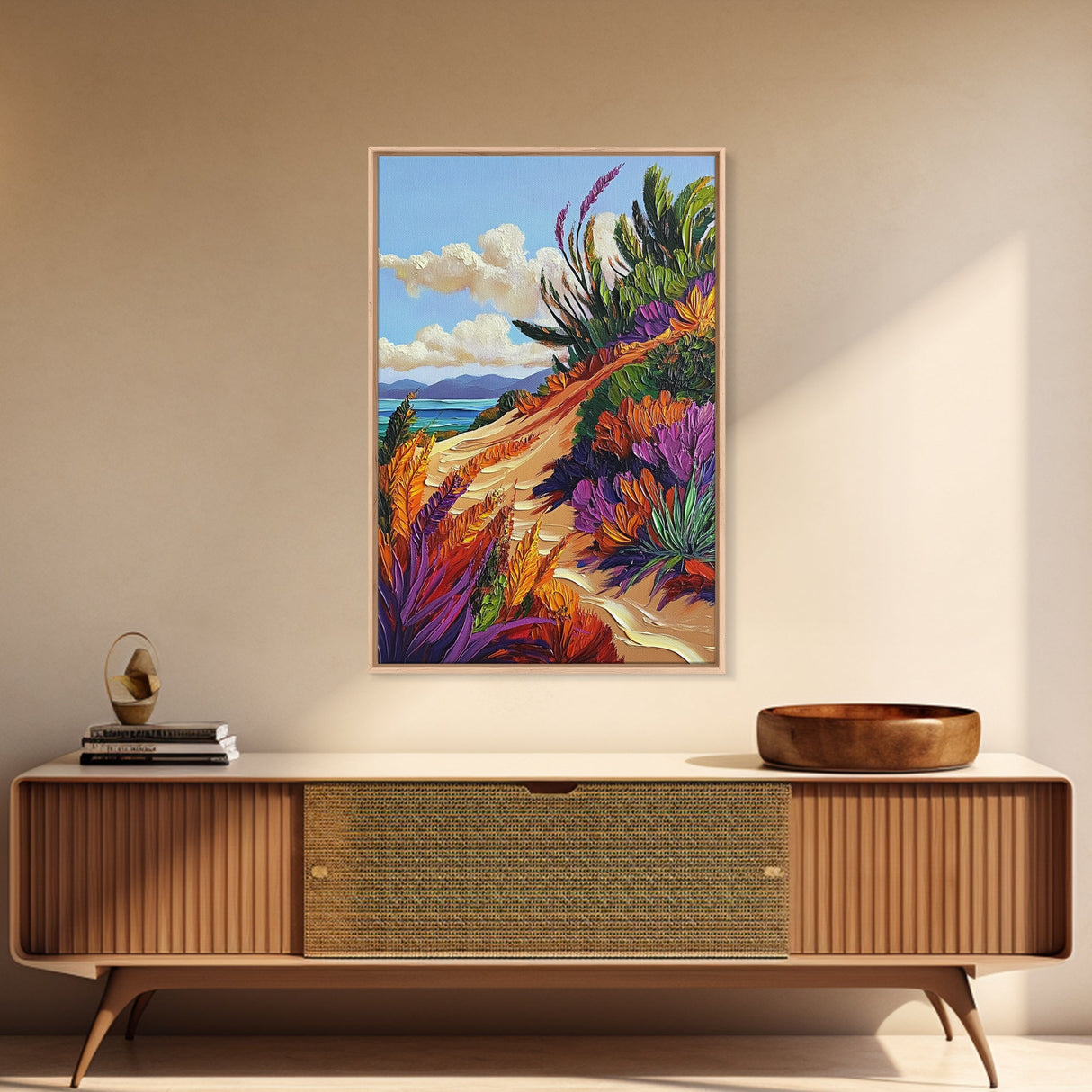 Ocean Cliff Path, Colorful Flora, Coastal Desert View, Summer Breeze Art, Beach House Wall Art, Canvas Print, Boho Nature Style