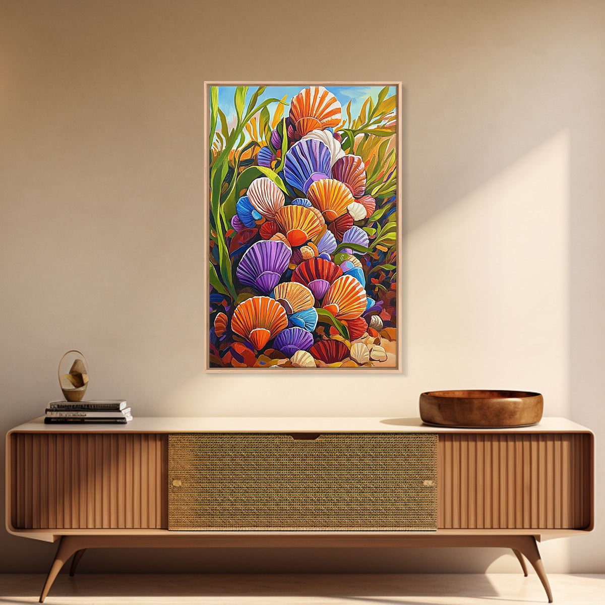 Rainbow Seashells, Coastal Treasures, Ocean Shell Art, Beach Decor, Framed Canvas Print, Bathroom Wall Art, Nautical Boho Art