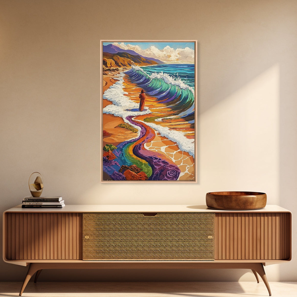 Rainbow Wave, Beach Woman, Mystical Shoreline, Color Explosion, Framed Canvas Print, Spiritual Wall Art, Vibrant Meditation Art