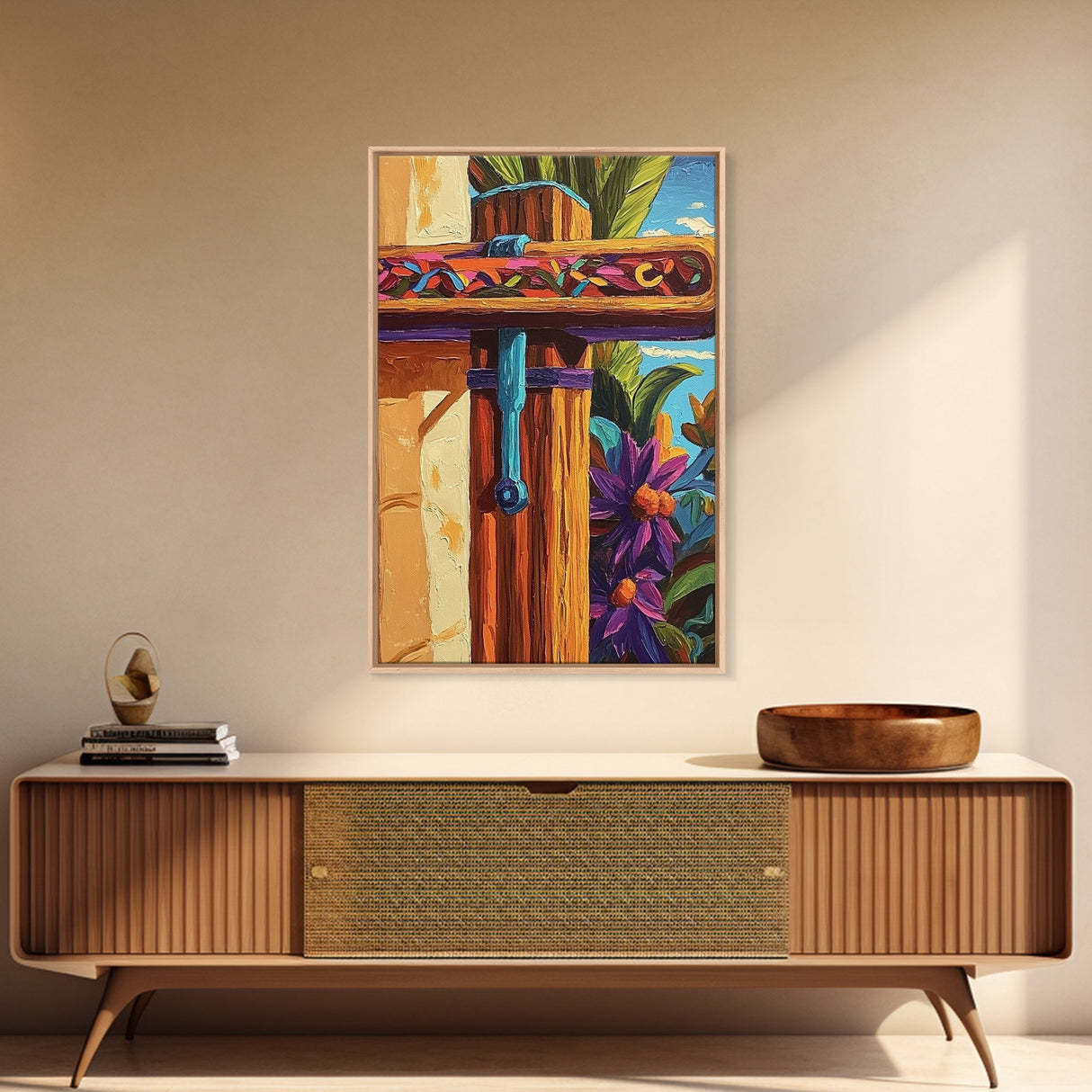 Tropical Rustic Detail Painting, Framed Canvas Print, Coastal patio wall decor, boho island house art, summer wall accent