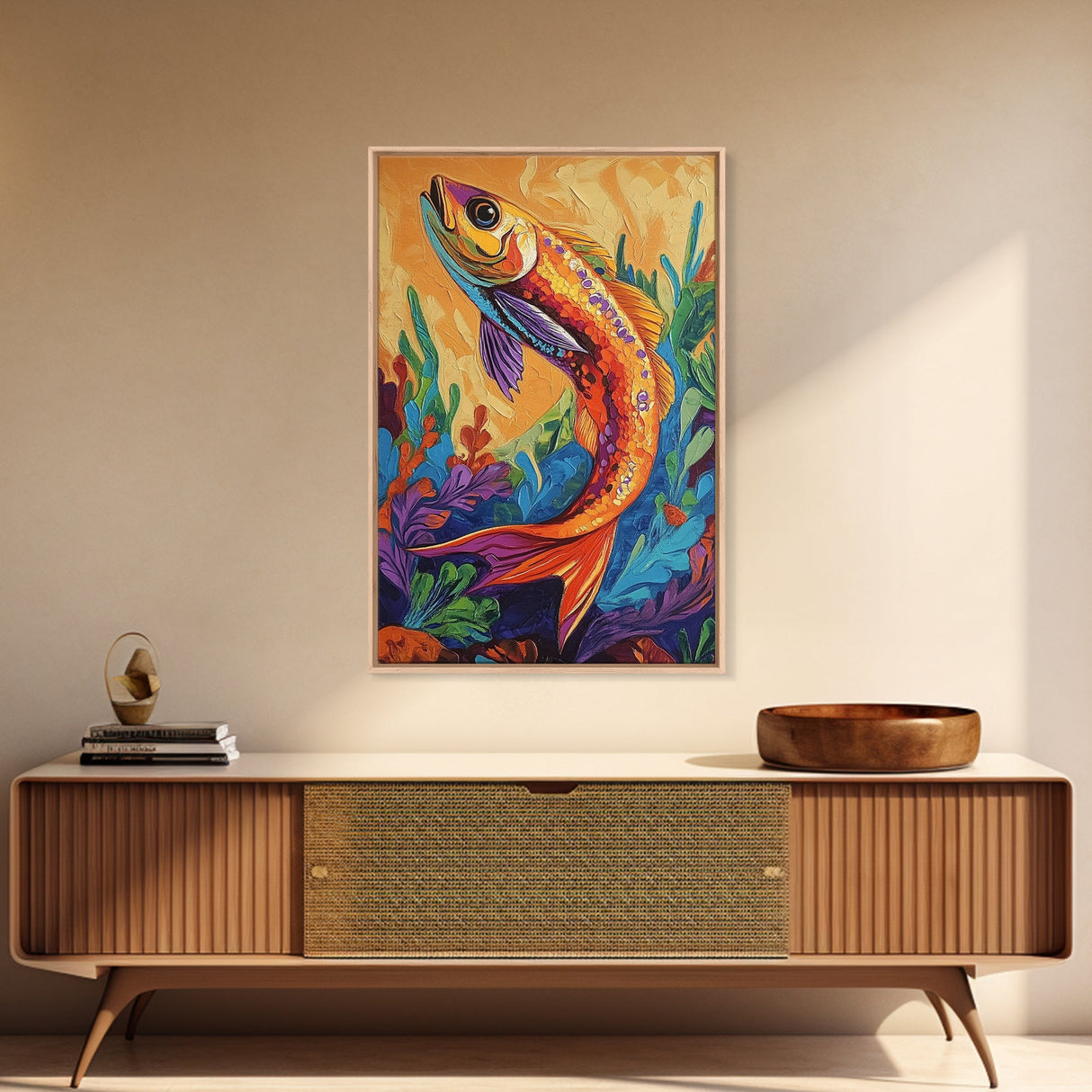 Colorful Tropical Fish, Ocean Wall Art, Coastal Sea Life Painting, Framed Canvas Print, Underwater Theme, Bathroom Decor, Bold Nautical Style