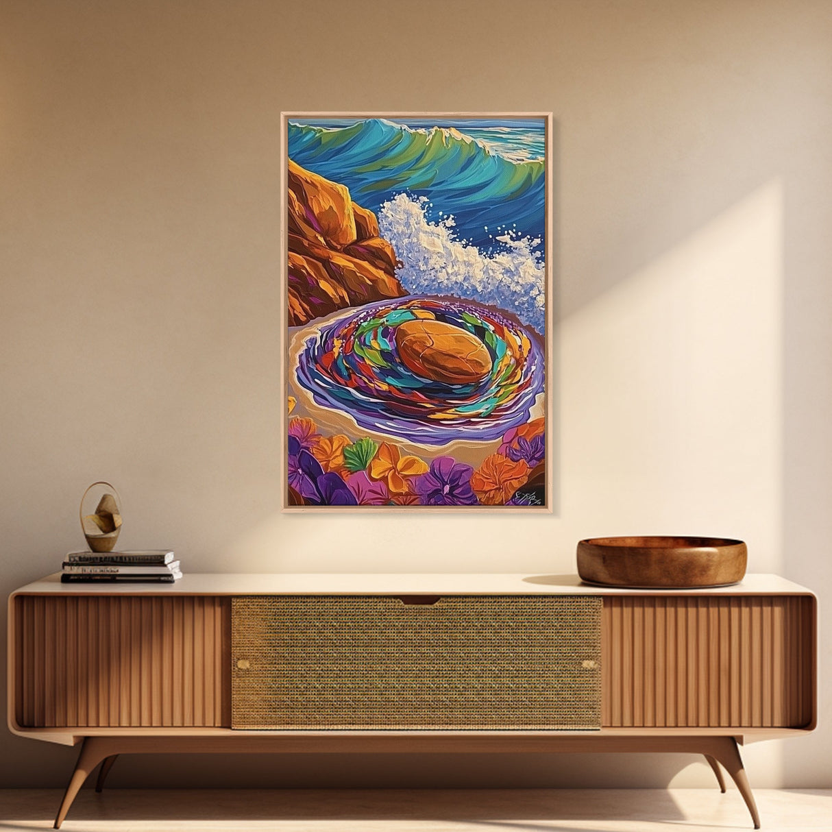 Ocean Spiral Stones, Coastal Zen Art, Sea Energy Waves, Framed Canvas Print, Boho Beach Wall Art, Meditation Room Decor, Nature Spiritual Art