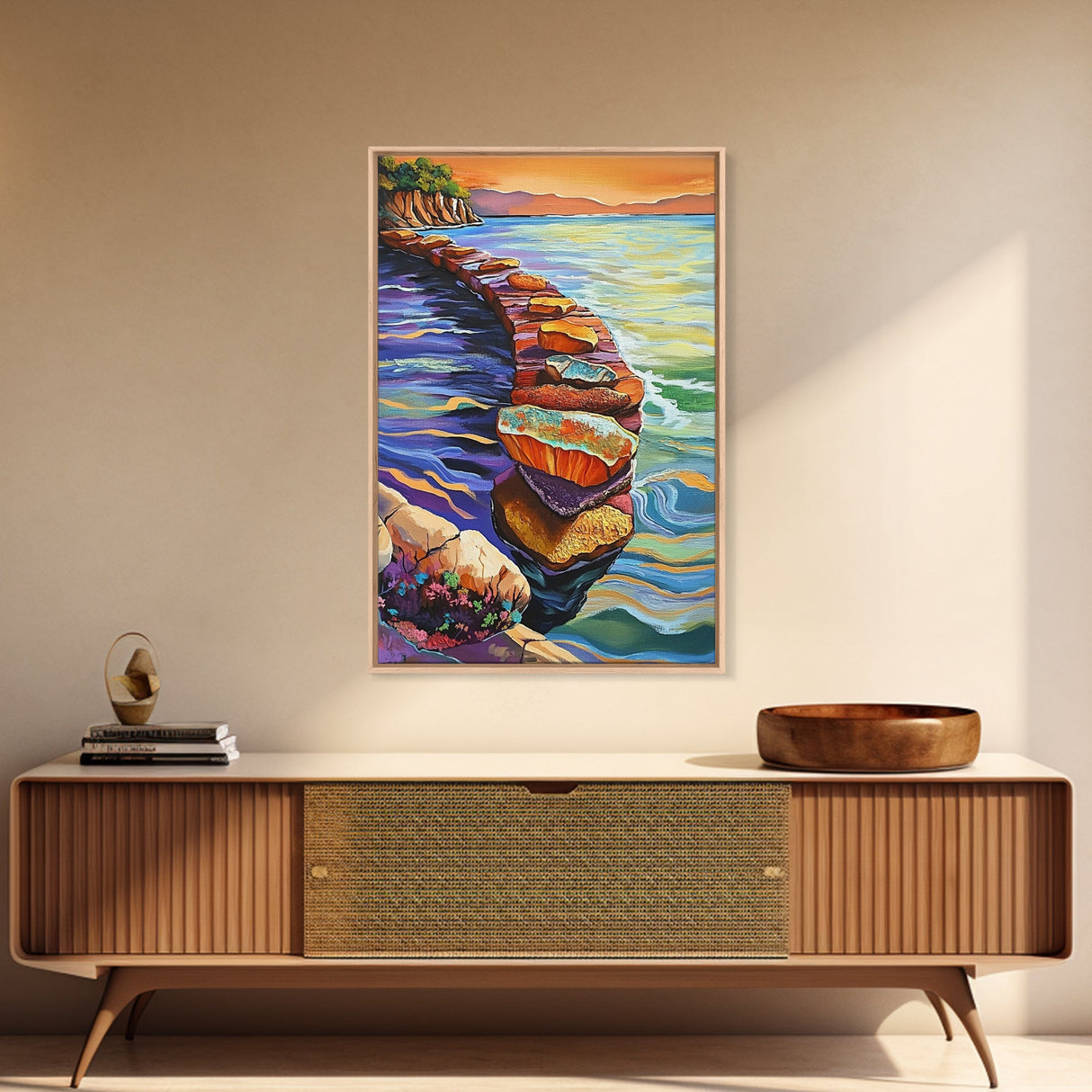 Sunset Rock Path, Ocean Wall Art, Serene Coastal Scene, Framed Canvas Print, Bohemian Living Room Decor, Water Landscape Painting