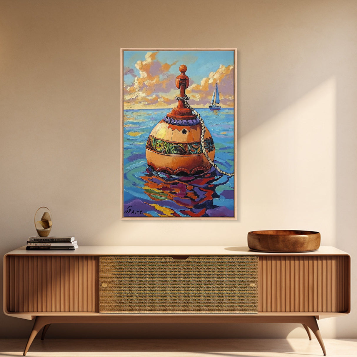 Buoy Ocean Sailboat Painting, Framed Canvas Print, Nautical boho decor, beach home wall art, coastal sunset colors, lakehouse vibe