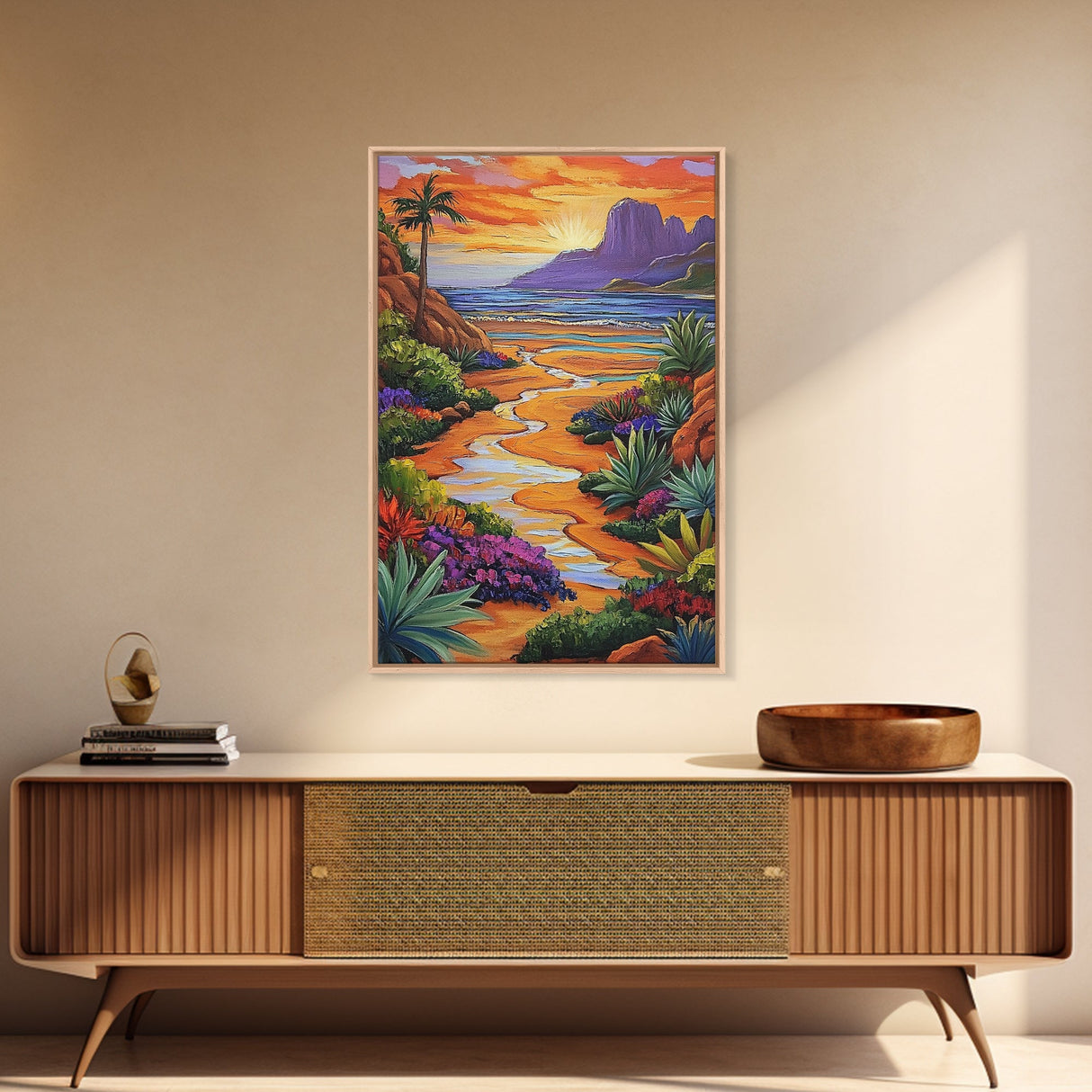 Desert Beach, Mountain Sunset, Ocean Stream, Palm Tree — Framed Canvas Print vibrant landscape wall art, boho living room, beach house decor