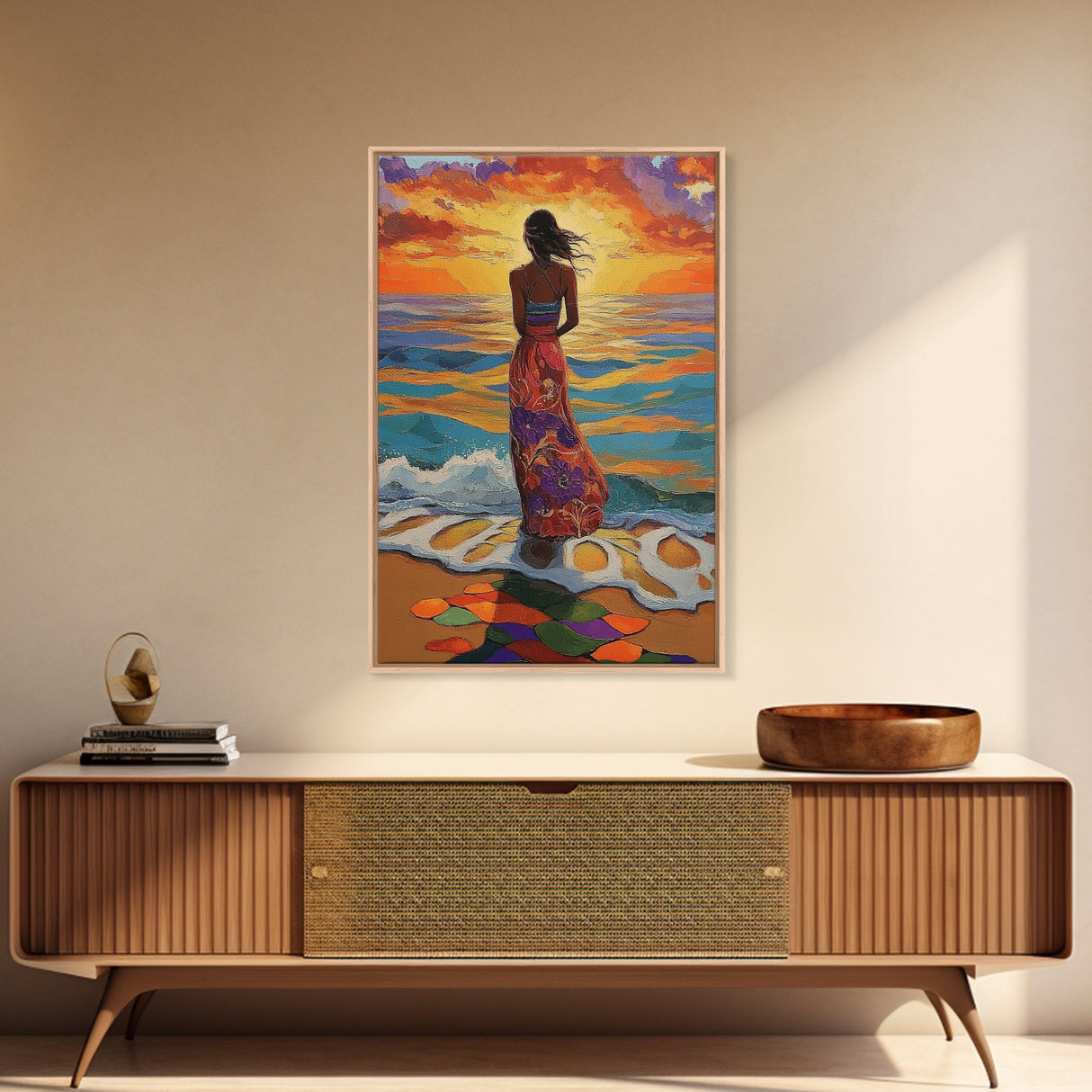 Sunset Beach Woman, Ocean Waves Art, Boho Coastal Decor, Tropical Wall Art, Canvas Print, Living Room Accent, Vibrant Beach Scene