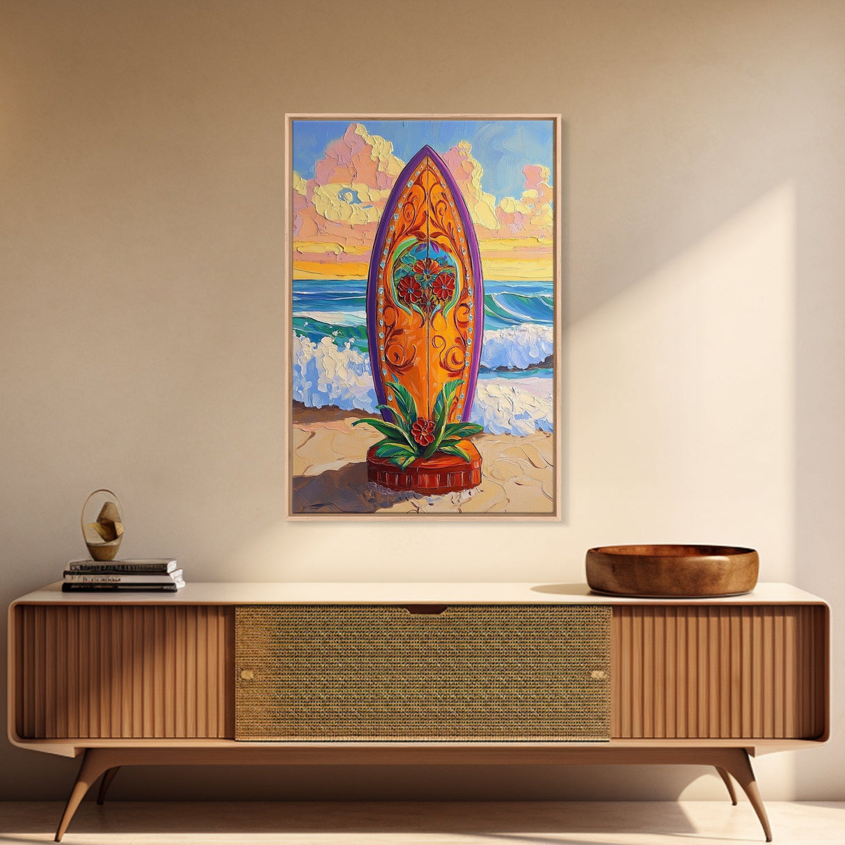 Floral Surfboard Art, Beach Sunset Decor, Tropical Surf Vibe, Canvas Print, Bright Ocean Wall Art, Bathroom Accent, Boho Coastal