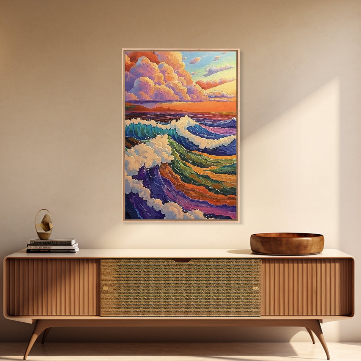 Colorful Ocean Waves, Sunset Surf Art, Rainbow Water Scene, Framed Canvas Print, Coastal Wall Decor, Vibrant Bathroom Art