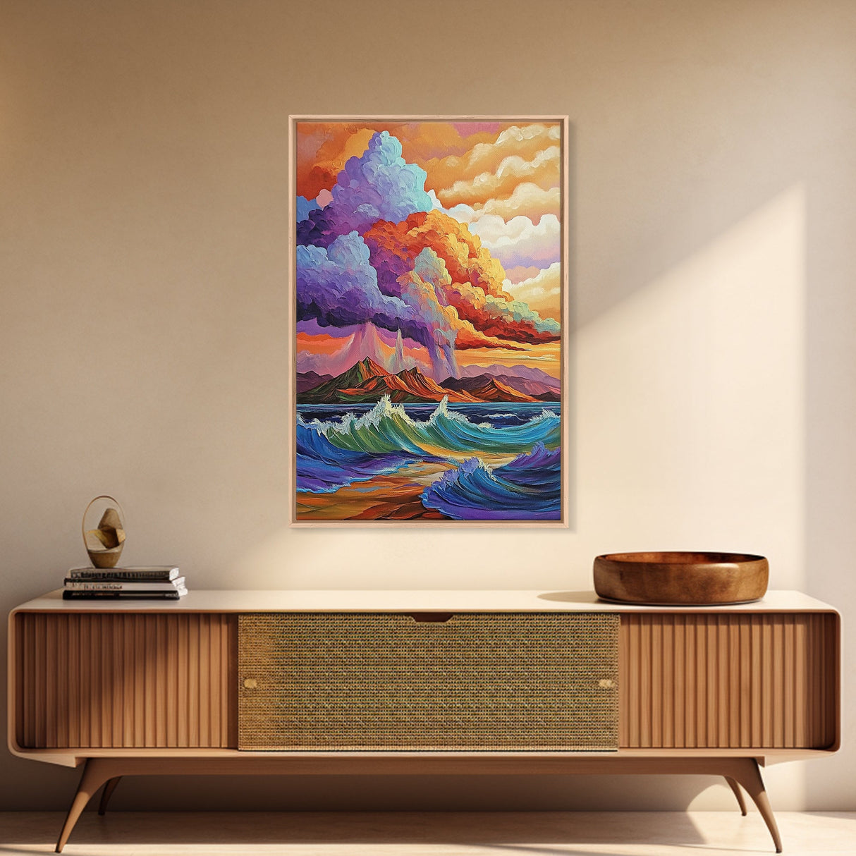 Stormy Coastal Sunset, Rainbow Clouds Over Ocean, Dramatic Sky Wall Art, Framed Canvas Print, Boho Nature Decor, Living Room Art