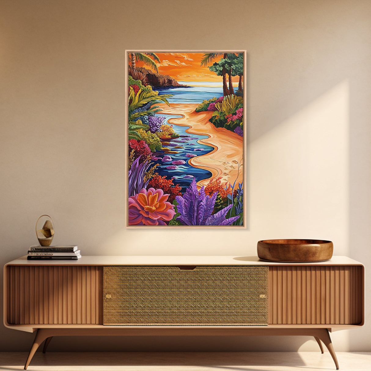 Tropical Beach Path, Sunset Garden Vibes, Colorful Coastal Landscape, Canvas Print, Boho Summer Decor, Bathroom Wall Art
