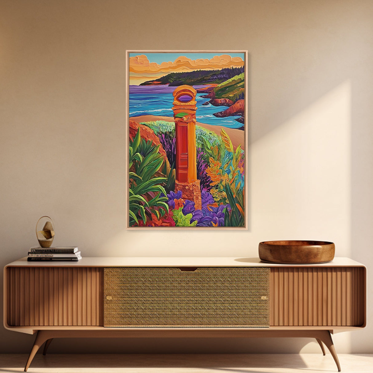 Coastal Landmark Art, Beach Garden View, Framed Canvas Print, Vibrant Landscape Wall Art, Sunroom Decor, Bright Coastal Scene