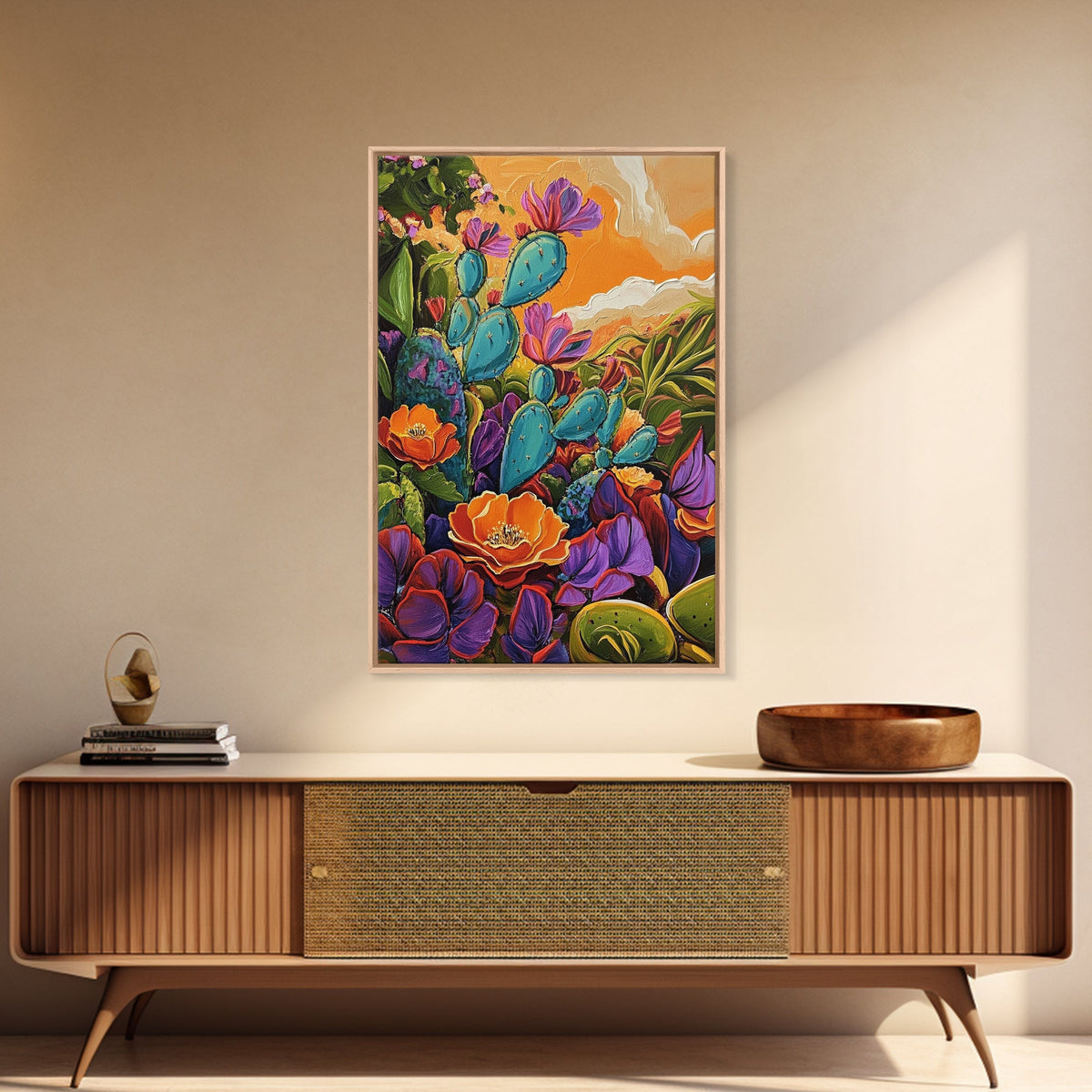 Prickly Wildflowers, Cactus, Garden, Framed Canvas Print floral cactus art, vibrant botanical painting, nature decor, desert boho living room