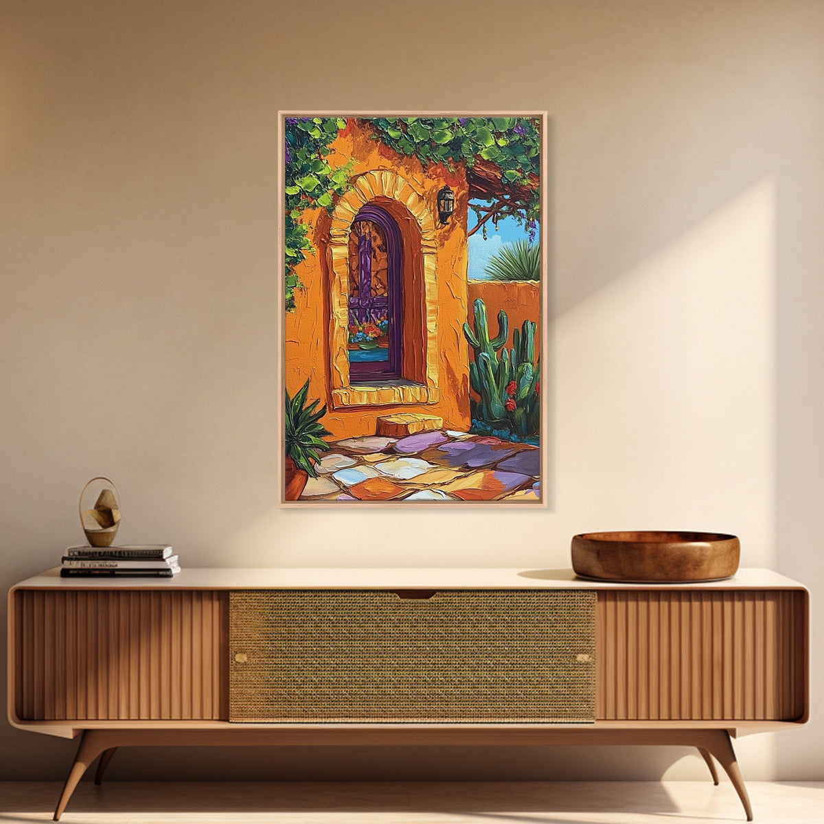 Spanish Doorway Scene, Rustic Home Art, Desert Vibes, Warm Entryway Decor, Framed Canvas Print, Southwestern Kitchen Wall Art