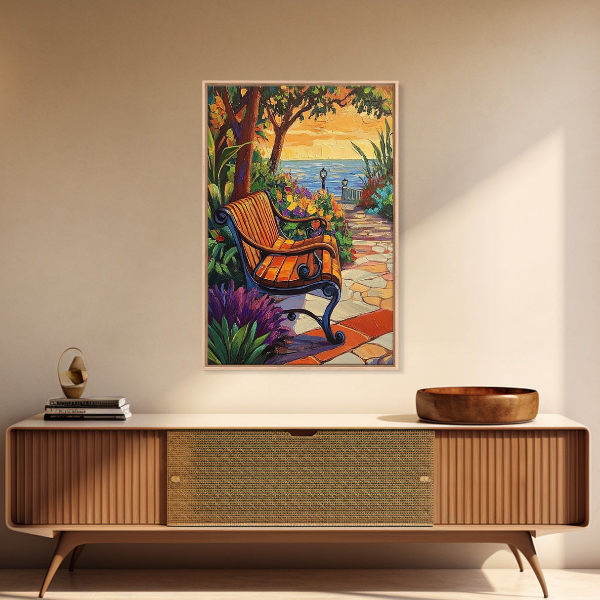 Sunset Garden Bench, Tranquil Nature Art, Romantic Outdoor View, Framed Canvas Print, Cozy Living Room Wall Art, Boho Landscape