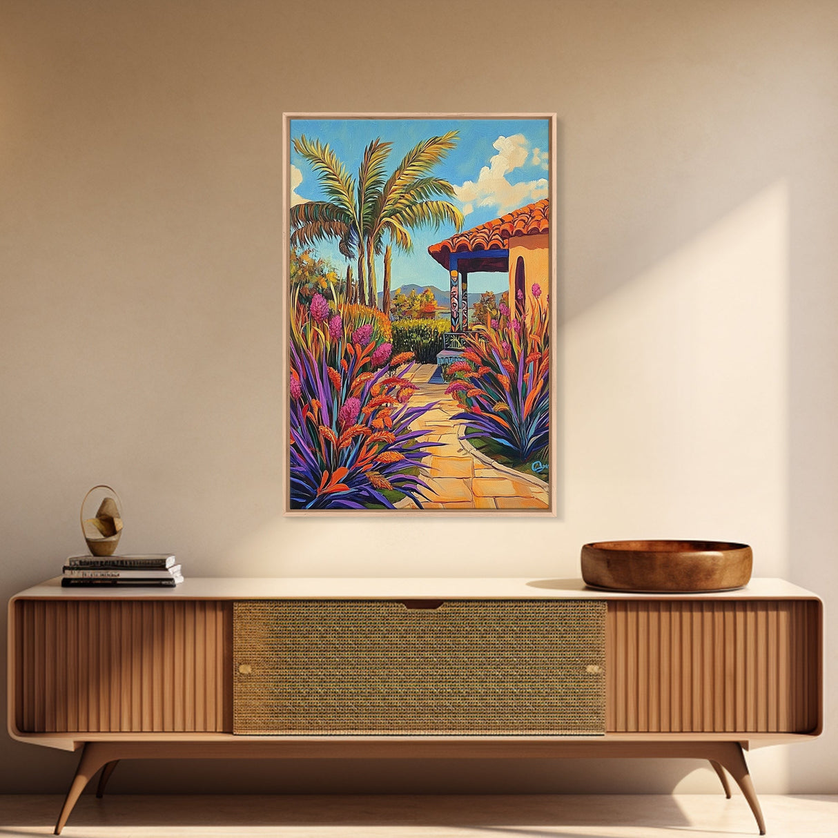 Tropical Path, Palm Trees, Garden Walkway, Vibrant Flora, Framed Canvas Print patio decor, vacation home wall art, coastal impressionist
