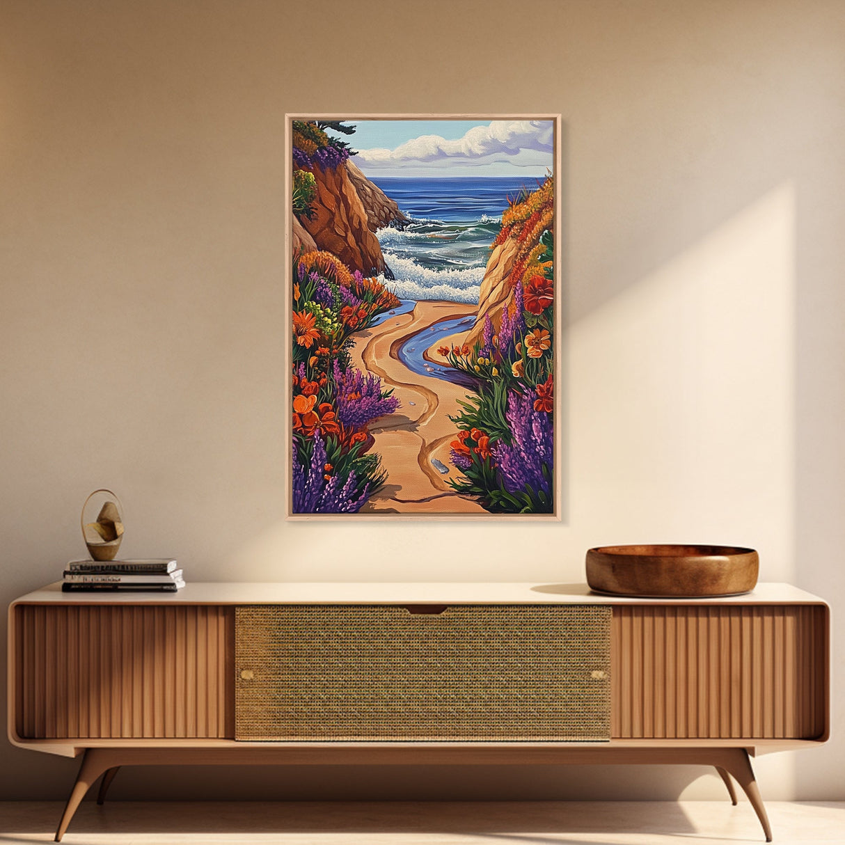 Coastal Path, Floral Trail, Ocean View, Beach Landscape, Framed Canvas Print, boho art, hallway decor, tropical wall art, beach house art