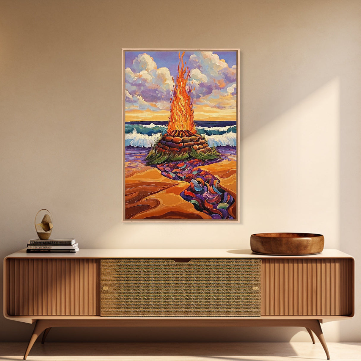 Bonfire Beach, Twilight, Ocean, Framed Canvas Print fire pit artwork, vibrant beach decor, ocean waves and flames, Fall living room wall art