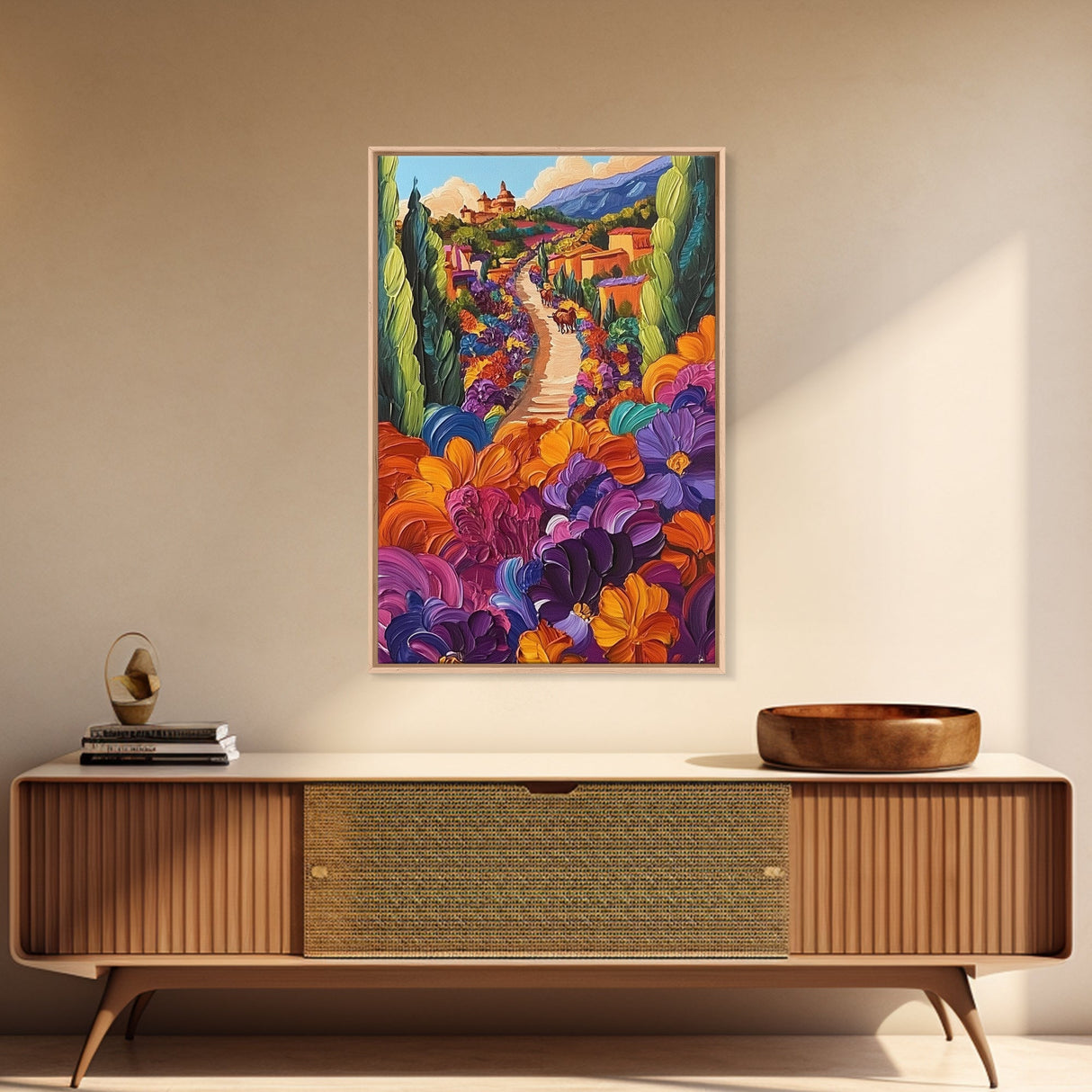 Village Flowers Path, Scenic Country Road Painting, Framed Canvas Print, Whimsical Boho Art, Kitchen Wall Decor, Mediterranean Style