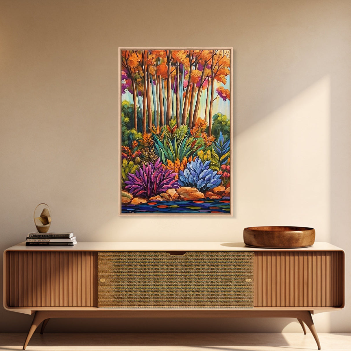Autumn Forest, Leaves Colorful, Framed Canvas Print bright fall foliage nature painting, botanical boho forest scene, Kitchen Wall Art