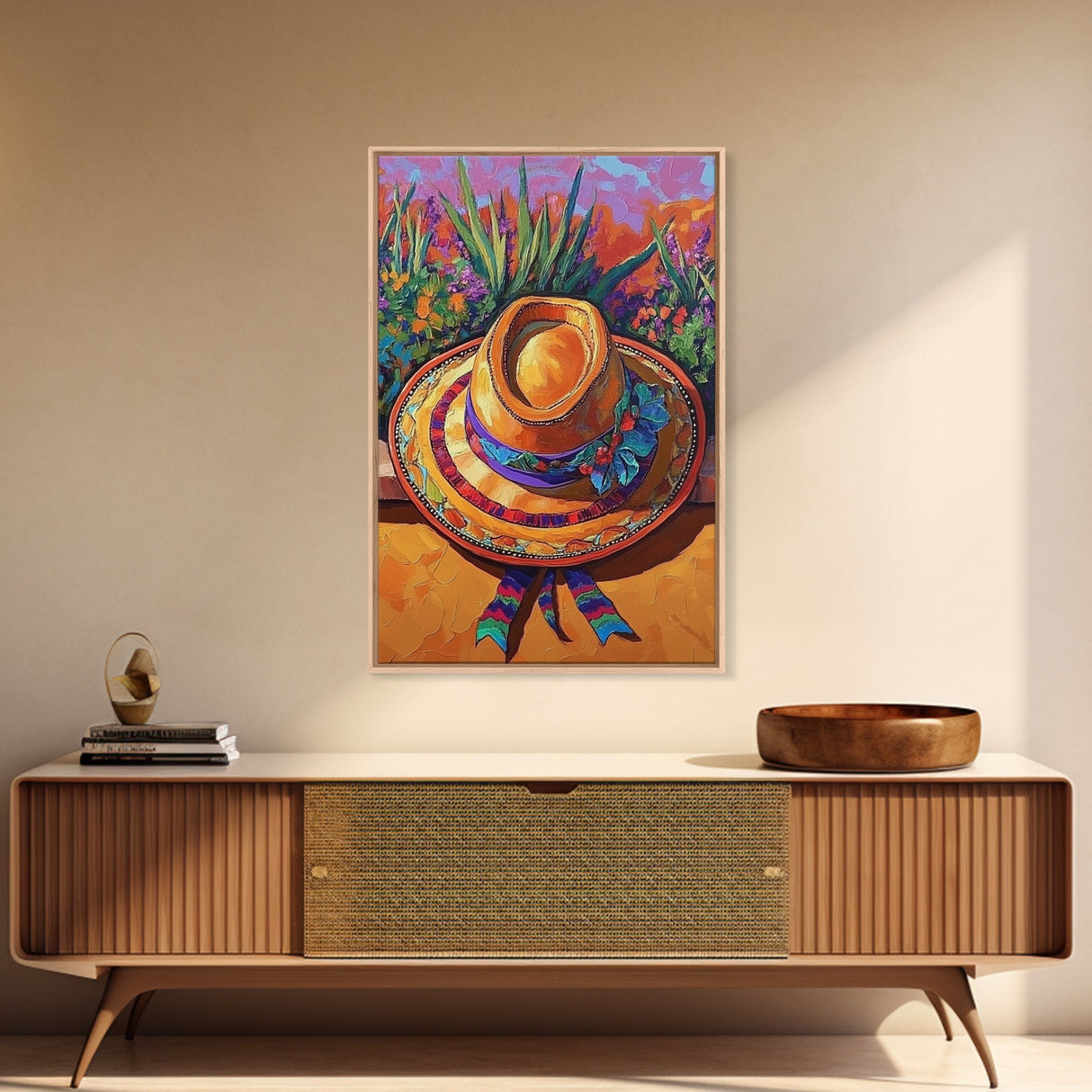 Sombrero, Garden, Boho, Floral, Framed Canvas Print, Bright floral garden sombrero artwork, perfect boho colorful kitchen wall art