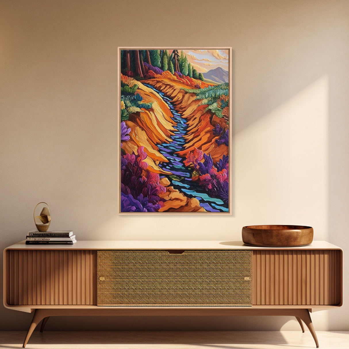 Forest Stream, Autumn, Nature, Framed Canvas Print, Colorful autumn forest creek scene, nature-inspired living room, fall rustic wall art