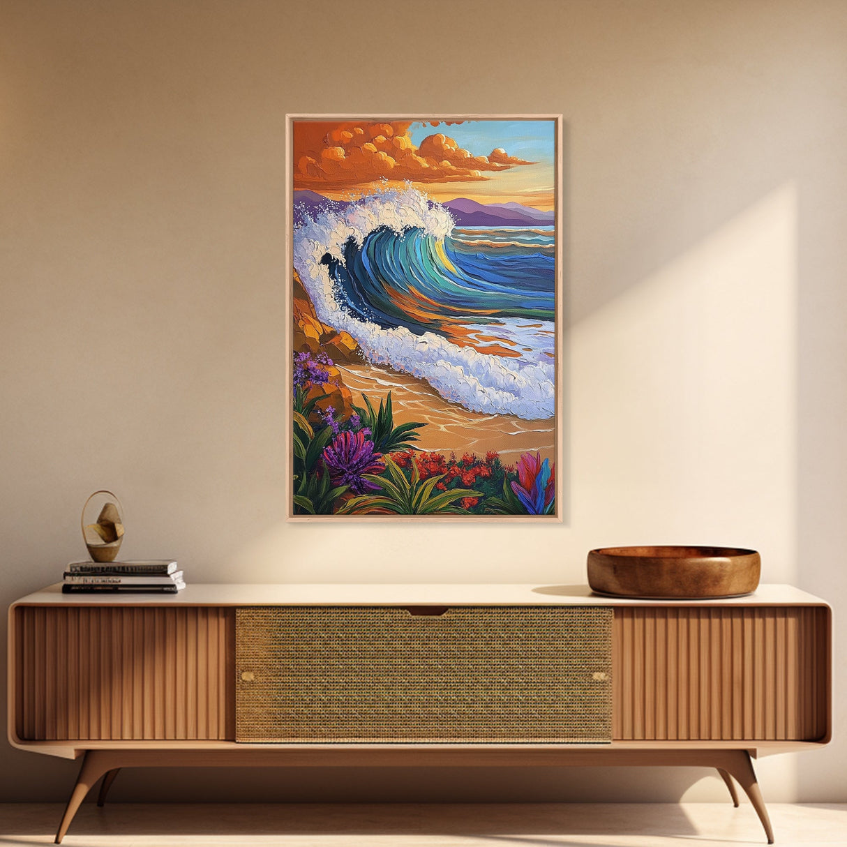 Wave Sunset, Ocean, Flowers, Canvas Print, Crashing sunset wave with tropical flowers, coastal bathroom and surf-themed wall decor