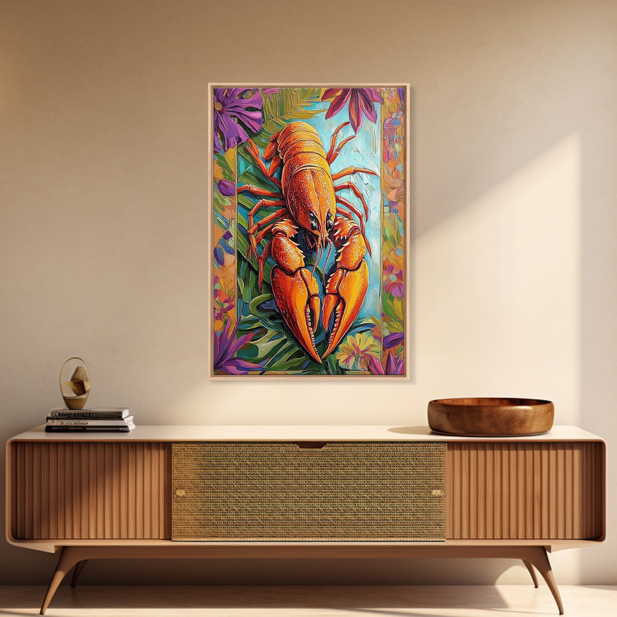 Lobster Coastal, Nautical, Kitchen, Framed Canvas Print, Bold orange lobster art with tropical florals, great coastal kitchen wall art